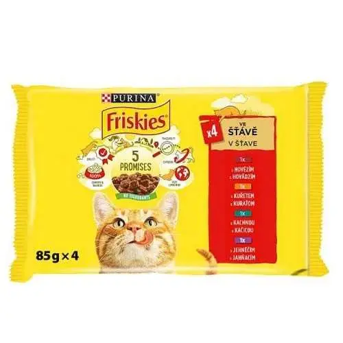 Friskies cat kapsa Hovězí, Kuřecí, Kachní a Jehněčí ve šťávě 4 x 85 g