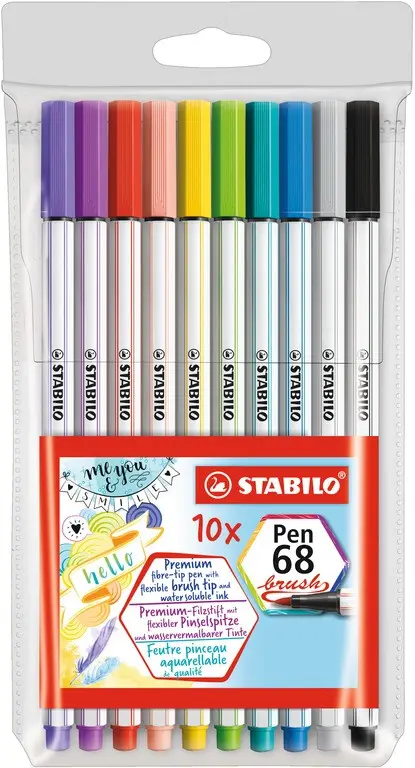 Fixka STABILO Pen 68 brush sada (10 ks v poupppzdru PVC)