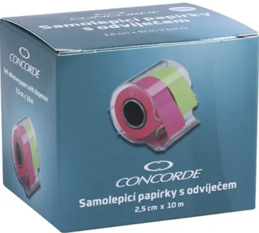 Samolepicí papírky CONCORDE 2,5 cm × 10 m s odvíječem - 2 neon barvy