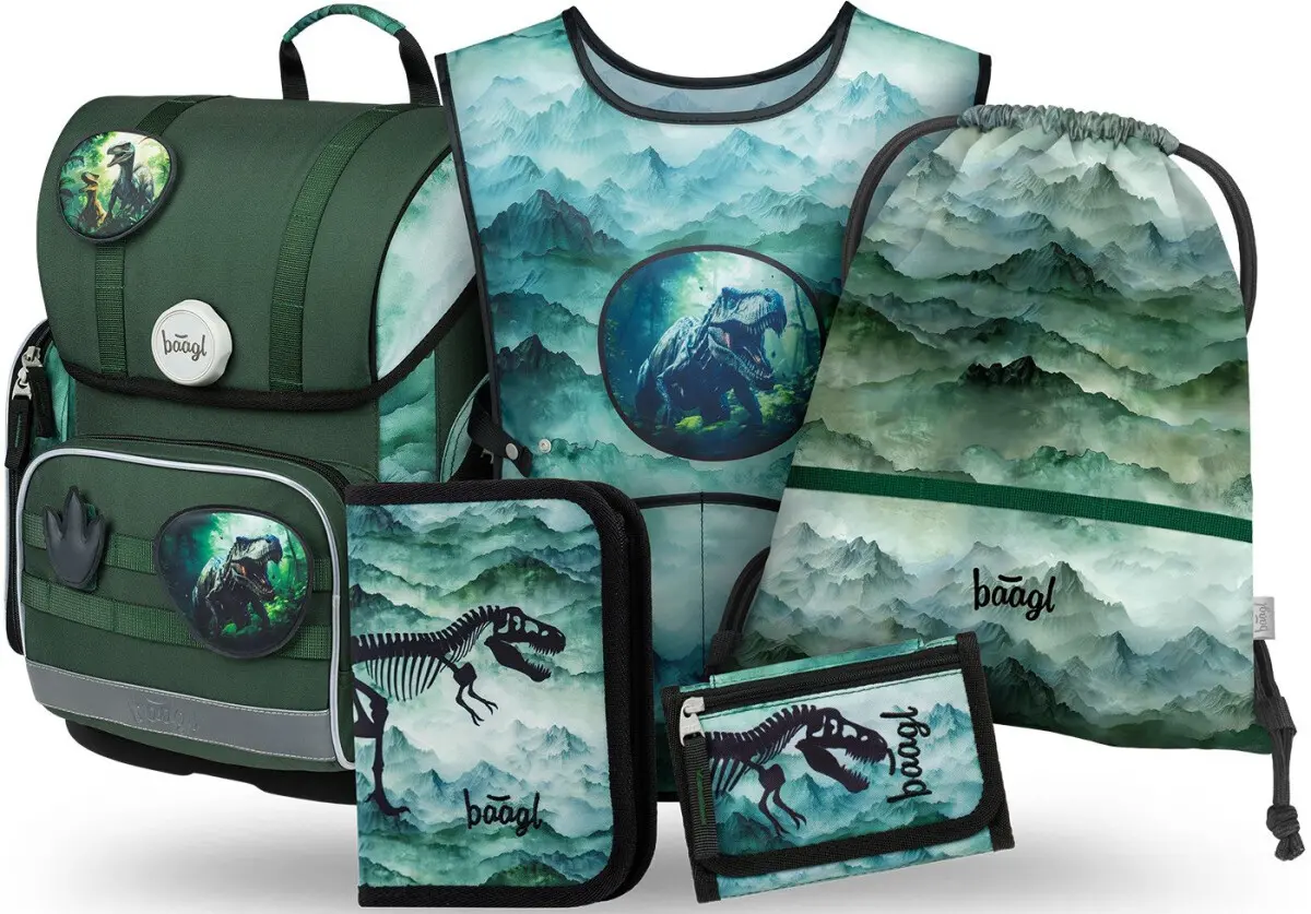 BAAGL 5 SET Ergo Dino: aktovka, penál, sáček, zástěra, peněženka