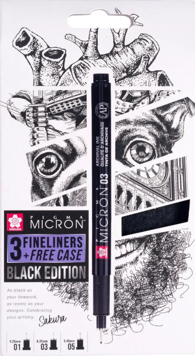 Sada Sakura Pigma Micron Black - technické fixy (3 linery + pouzdro)