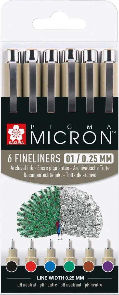 Sada Sakura Pigma Micron, ve velikosti 01 - 6 kusů různých odstínů
