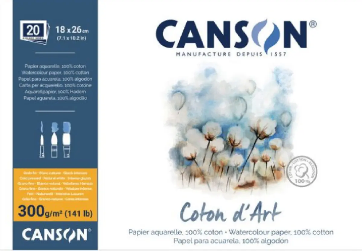 Akvarelový blok CANSON Coton d'Art CP 300 g/m² 18 x 26 cm - 20 listů