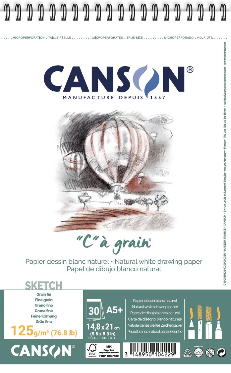 Skicák CANSON C a grain 125 g/m² A5, 30 listů, kroužková vazba