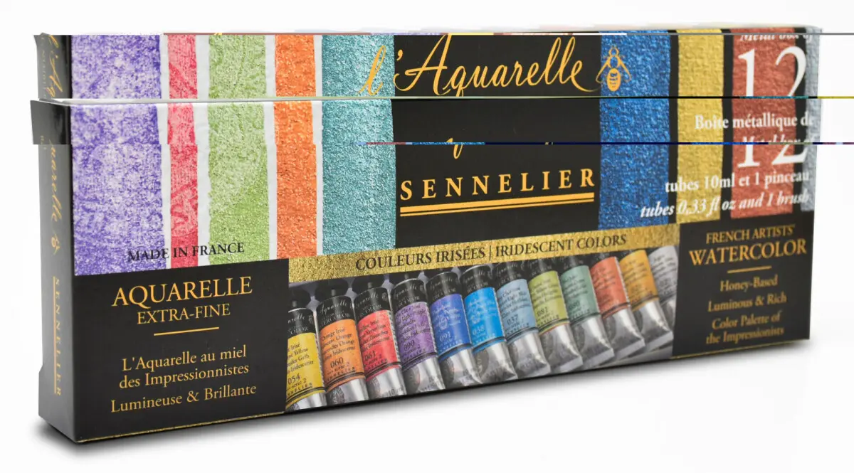 Sennelier L'Aquarelle Iridescent - mistrovská sada iridescentních akvarelových barev (12×10 ml) + štětec Raphael Precision 03
