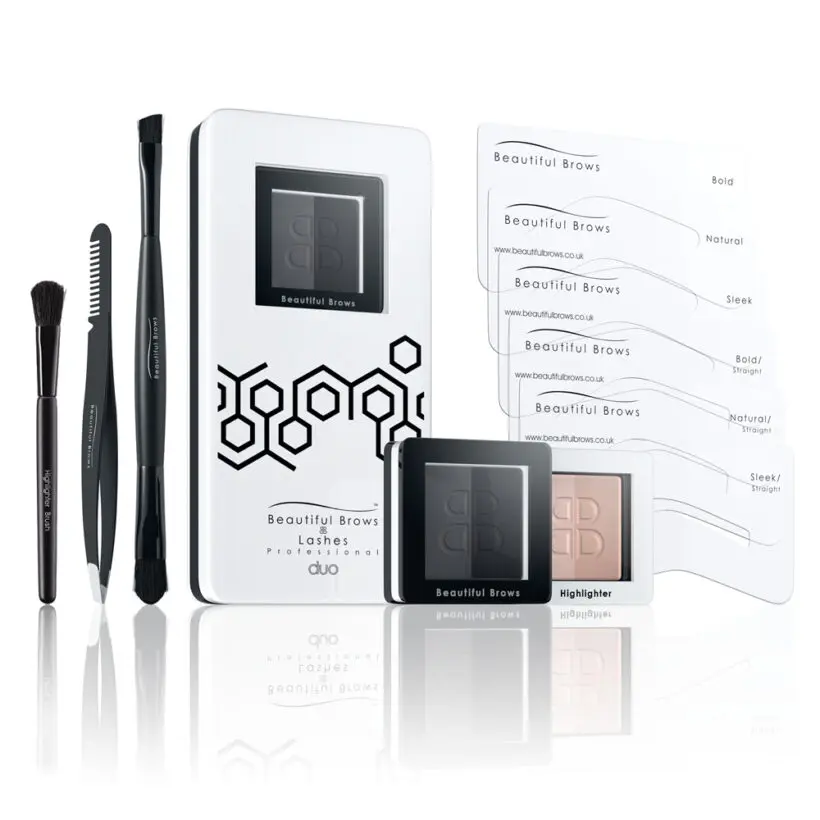 Beautiful Brows Sada na úpravu a barvení obočí: šablony, pinzeta, štětce, rozjasňovač, zrcátko, pudry odstín Slate a Black 2x 1,985g