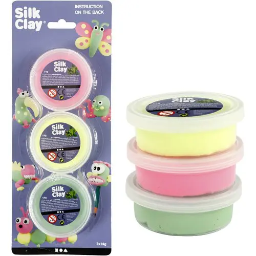 Creative Samotvrdnoucí modelovací lehká hmota Silk Clay SADA 3 barev - SVĚTLÁ ZELENÁ, NEON RŮŽOVÁ, NEON ŽLUTÁ
