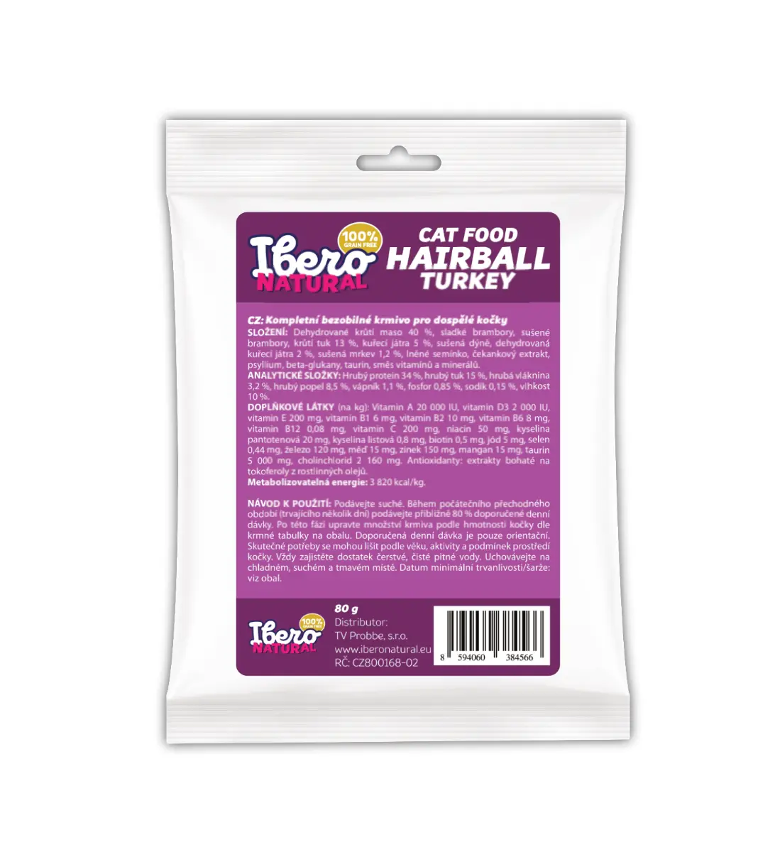 Vzorek - Ibero Grain Free Cat Hairball Turkey - 80g