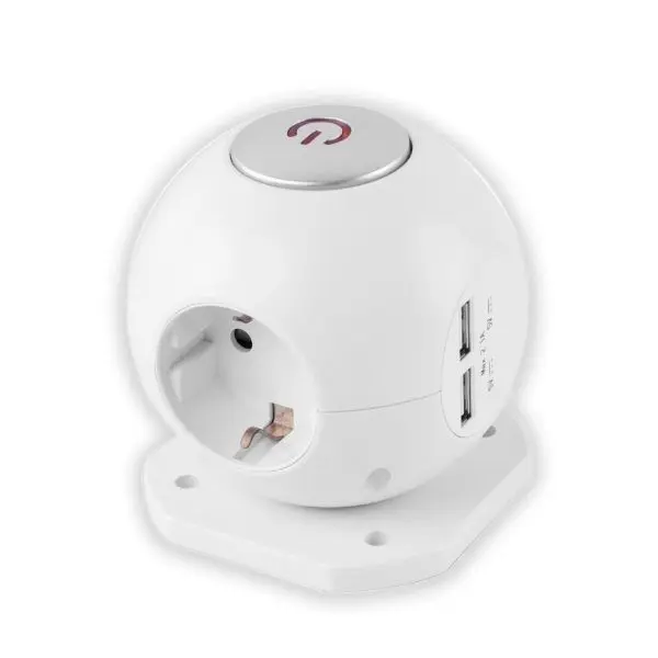 POWER BALL designová prodlužovačka - 3 zásuvky SCHUKO, 2 USB, 1,5m bílý s vypínačem 3G1.5