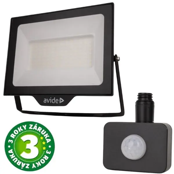 Prémiový ultratenký LED reflektor černý 100W 10000lm, studená, s čidlem pohybu, 3 roky