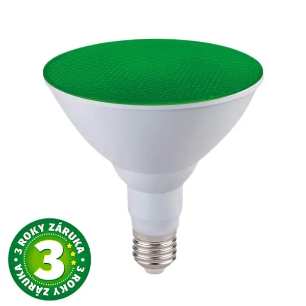 Prémiová barevná LED žárovka E27 15W, PAR38, reflektorová, zelená, 3 roky záruka
