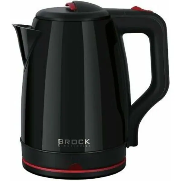 Velká rychlovarná konvice 2l, Brock, 1500W, nerez, lesklý černý lak a červené prvky