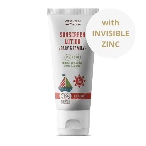 Woodenspoon Opalovací tělové mléko Baby & Family SPF50 v tubě - neviditelný zinek 100ml