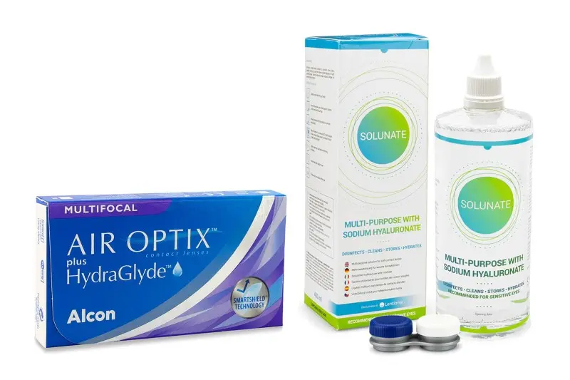 Alcon Air Optix Plus Hydraglyde Multifocal (6 čoček) + Solunate Multi-Purpose 400 ml s pouzdrem