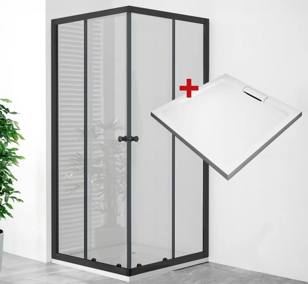 WellMall POINT Q BLACK HARD 80x80 Clear Čtvercový sprchový kout s mramorovou vaničkou 8595703851032