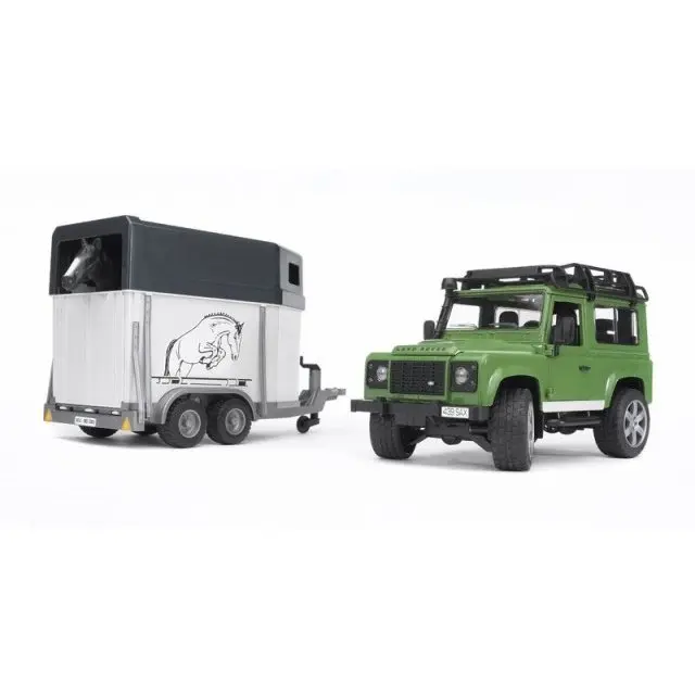 Bruder 02592 Land Rover Defender s přepravníkem na koně a koníkem