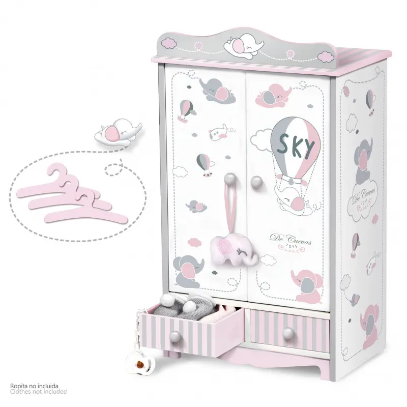 DeCuevas Toys DeCuevas 54035 Dřevěná šatní skříň pro panenky se zásuvkami a doplňky SKY 2020