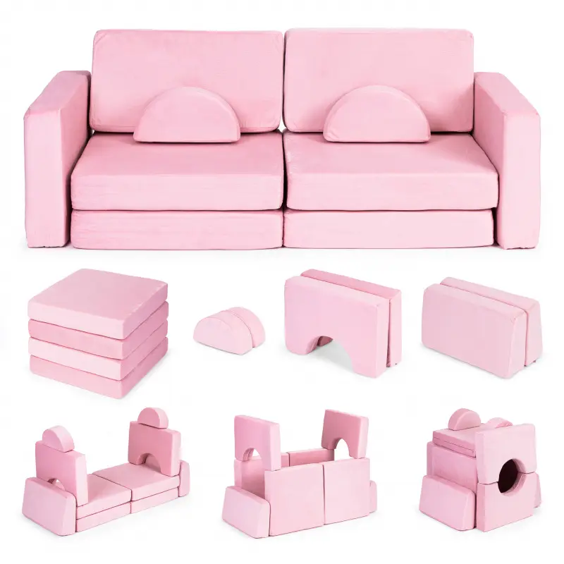 Sofa skládací modulová pro děti velká 2-osobová DIY 10 měkkých polštářů - růžová Ecotoys