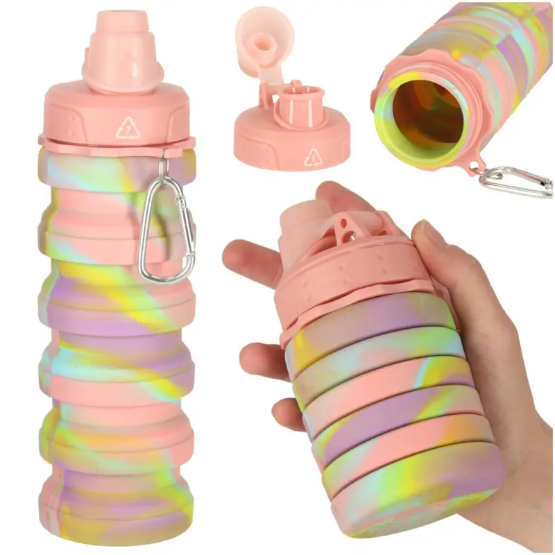 Láhev na vodu silikonová skládací s držadlem BPA Free 500ml duhová