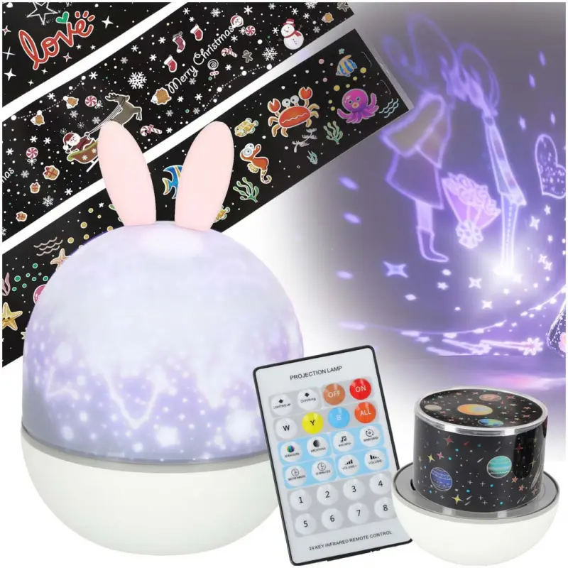 Lampička noční projektor Led USB otočný 6 motivů dálkový ovladač Králík
