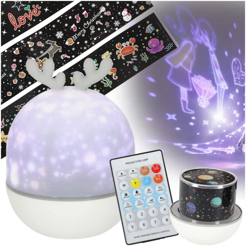 Lampička noční projektor hvězd LED USB otočný 6 motivů dálkové ovládání Renifer