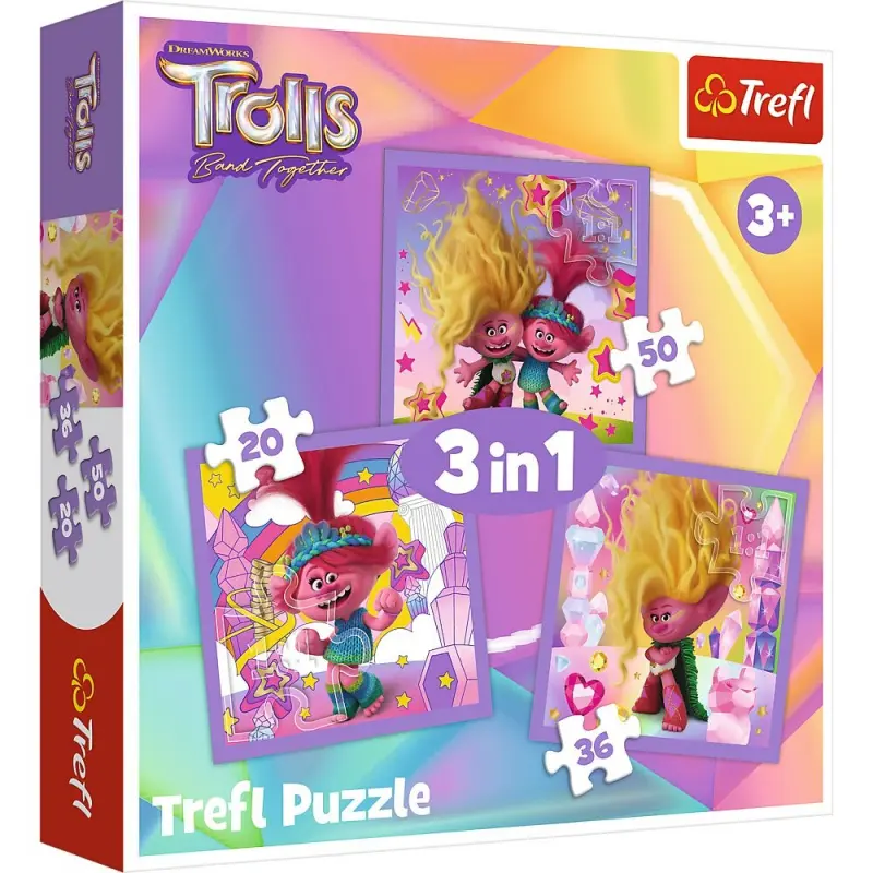 Trefl Puzzle 3v1 Seznamte se s veselými trolly