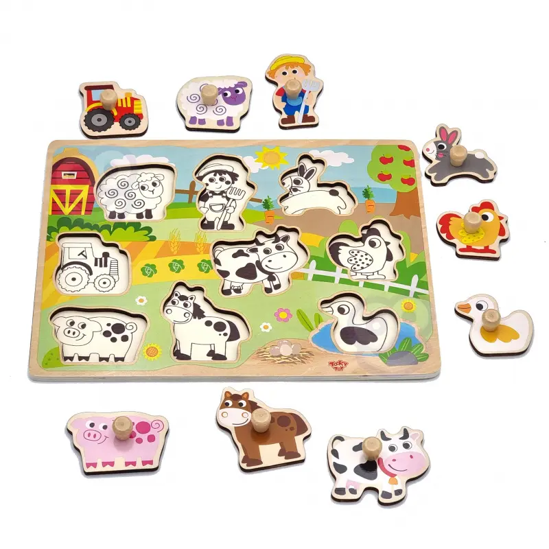 Woopie Green dřevěné puzzle montessori farma s úchyty k přiřazení