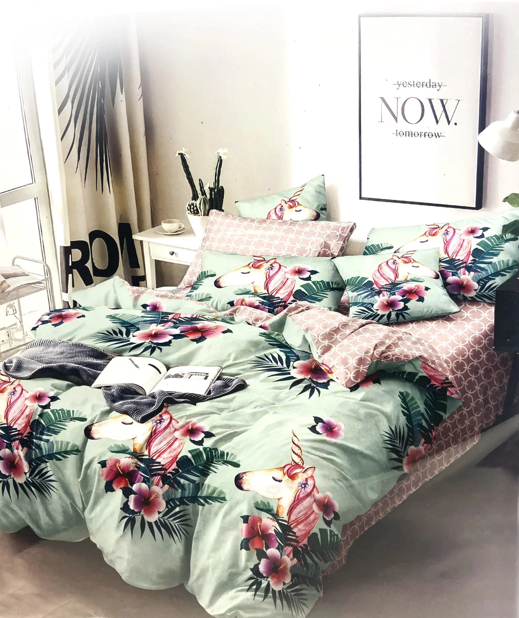Sada povlečení listy Jednorožec 914371 / 160/200 - Moon Milano zelená/růžová one size