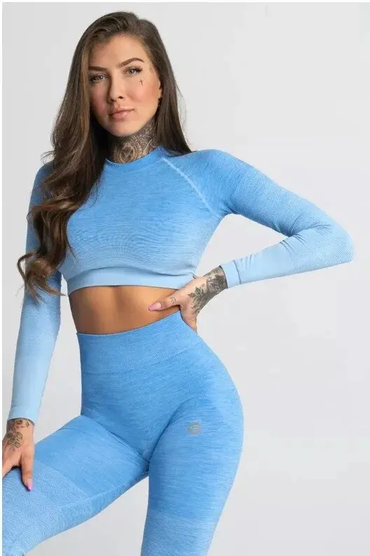 Dámský Crop-Top s dlouhým rukávem Ombre - Gym Glamour XS modrá