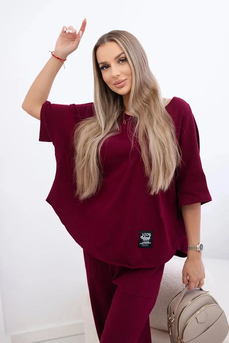 Bavlněný komplet halenka a kalhoty 6727 bordó - Kesi UNI