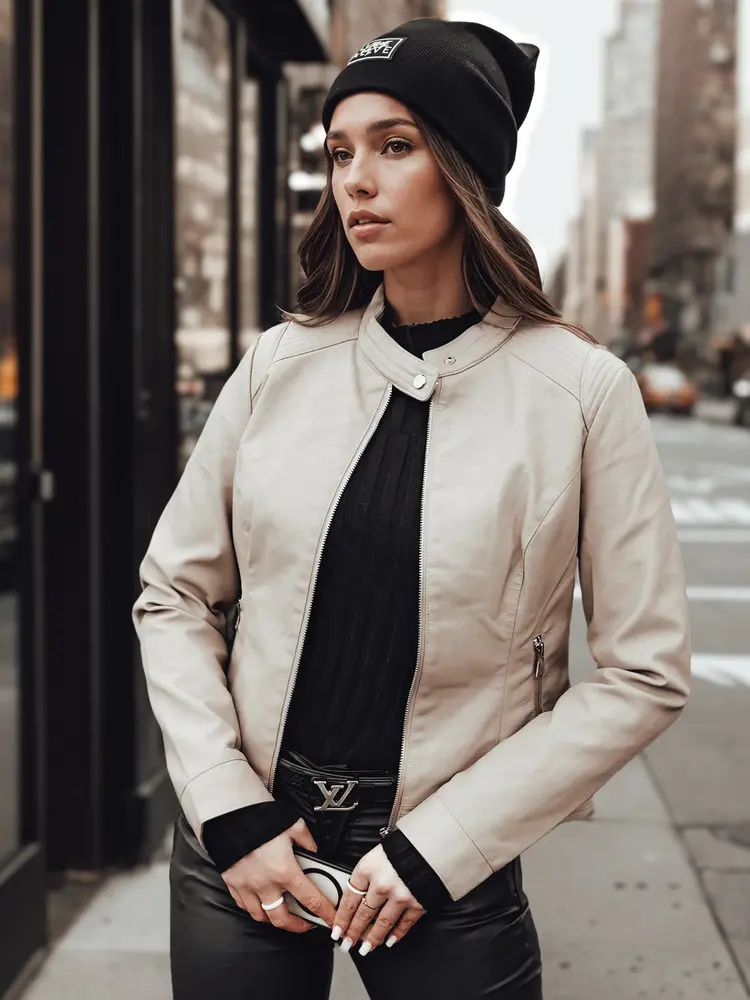 Dámská přechodná kožená bunda TY4744 béžová - FashionStreet XL