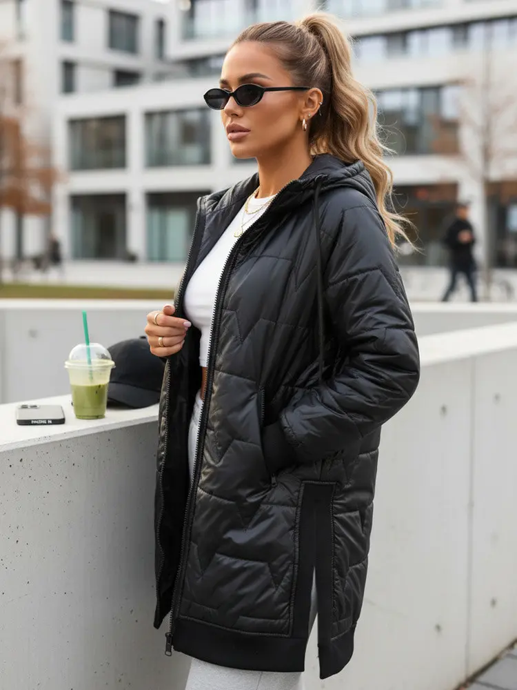 Dlouhá dámská prošívaná bunda s kapucí TY5809 černá - FashionStreet 2XL