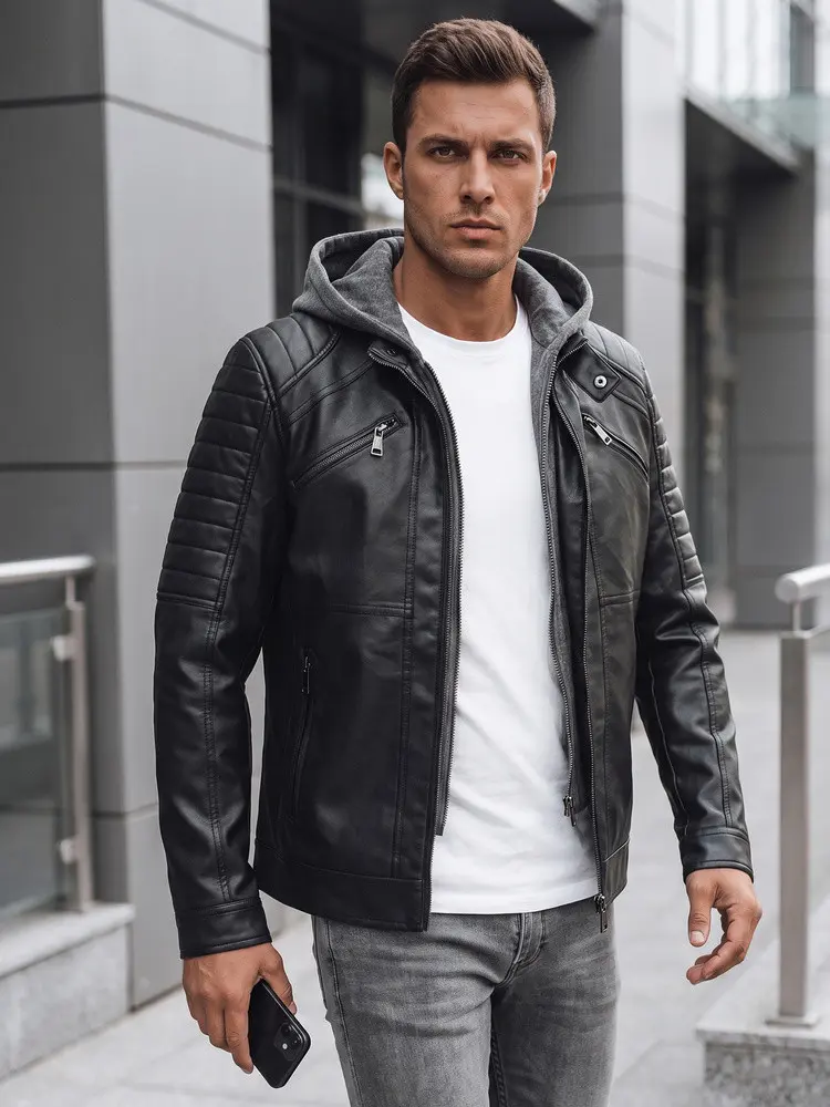 Pánská kožená bunda s kapucí TX4950 černá - FashionStreet L