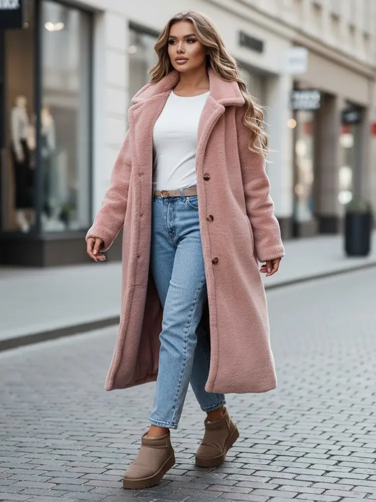Dámský zimní kabát teddy kožešina dlouhý růžový FashionStreet NY0751z L
