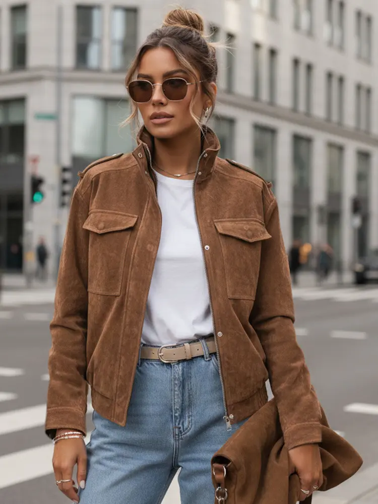 Dámská semišová bunda bomber světle hnědá FashionStreet TY5644 XL
