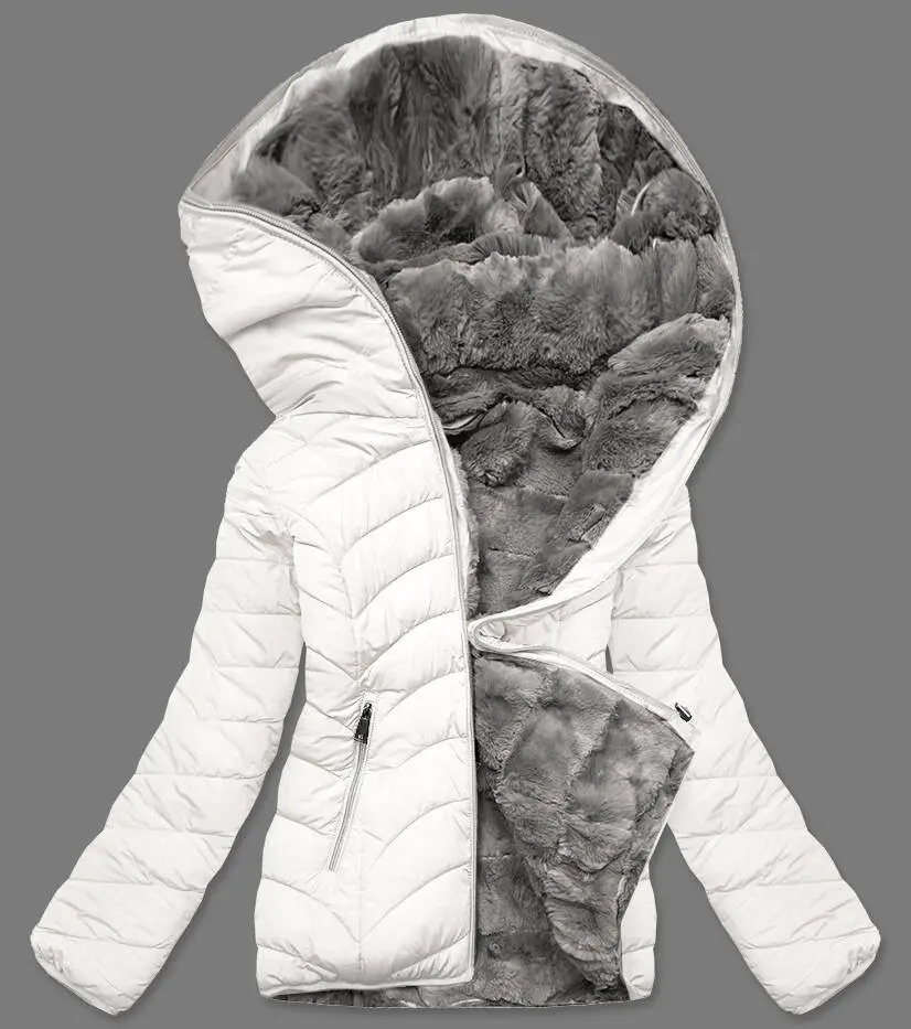 Dámská krátká oboustranná zimní bunda krémově šedá (2M-21507) odstíny bílé XXL (44)