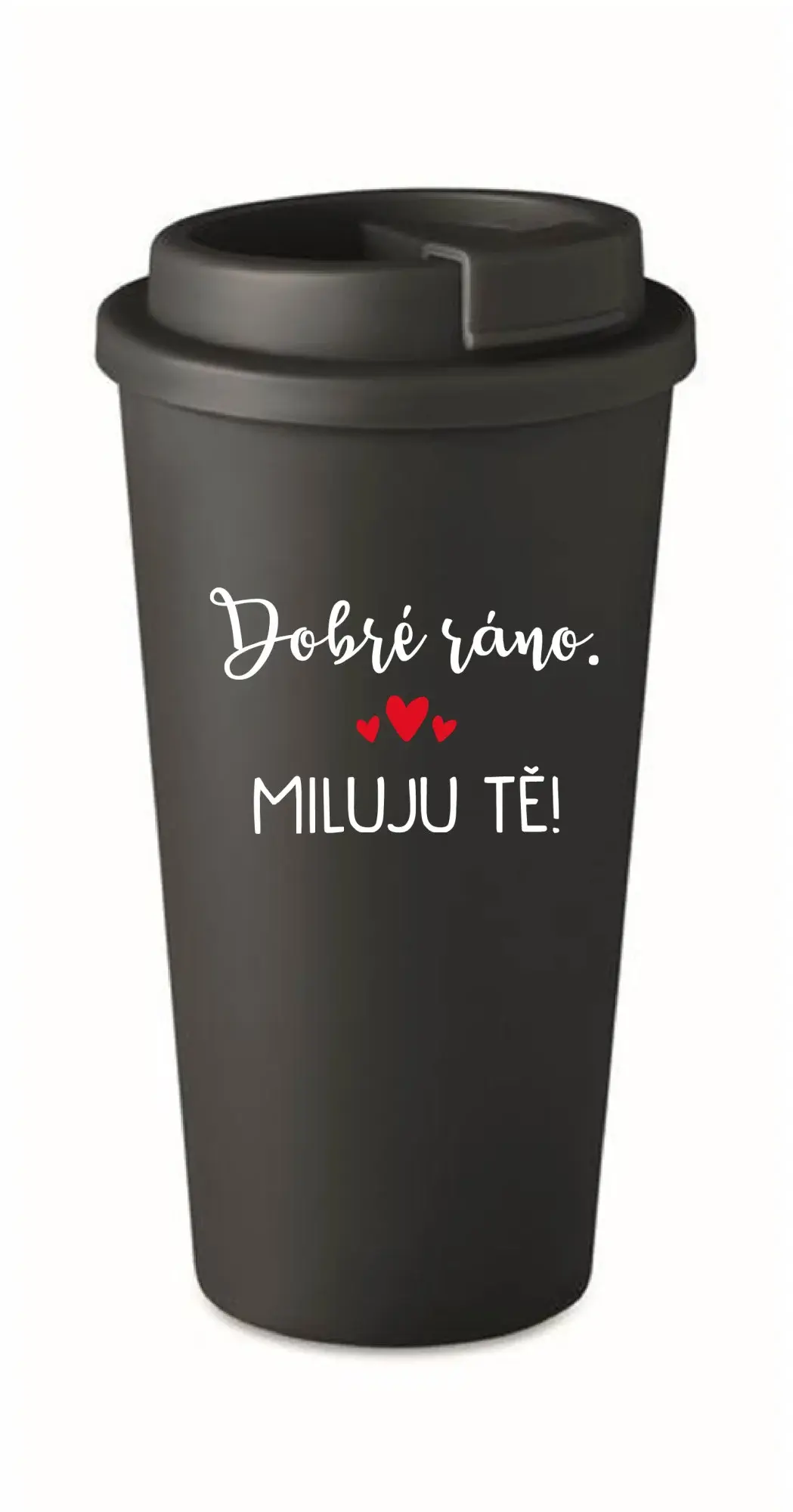 DOBRÉ RÁNO. MILUJU TĚ! - černý termohrnek 475 ml