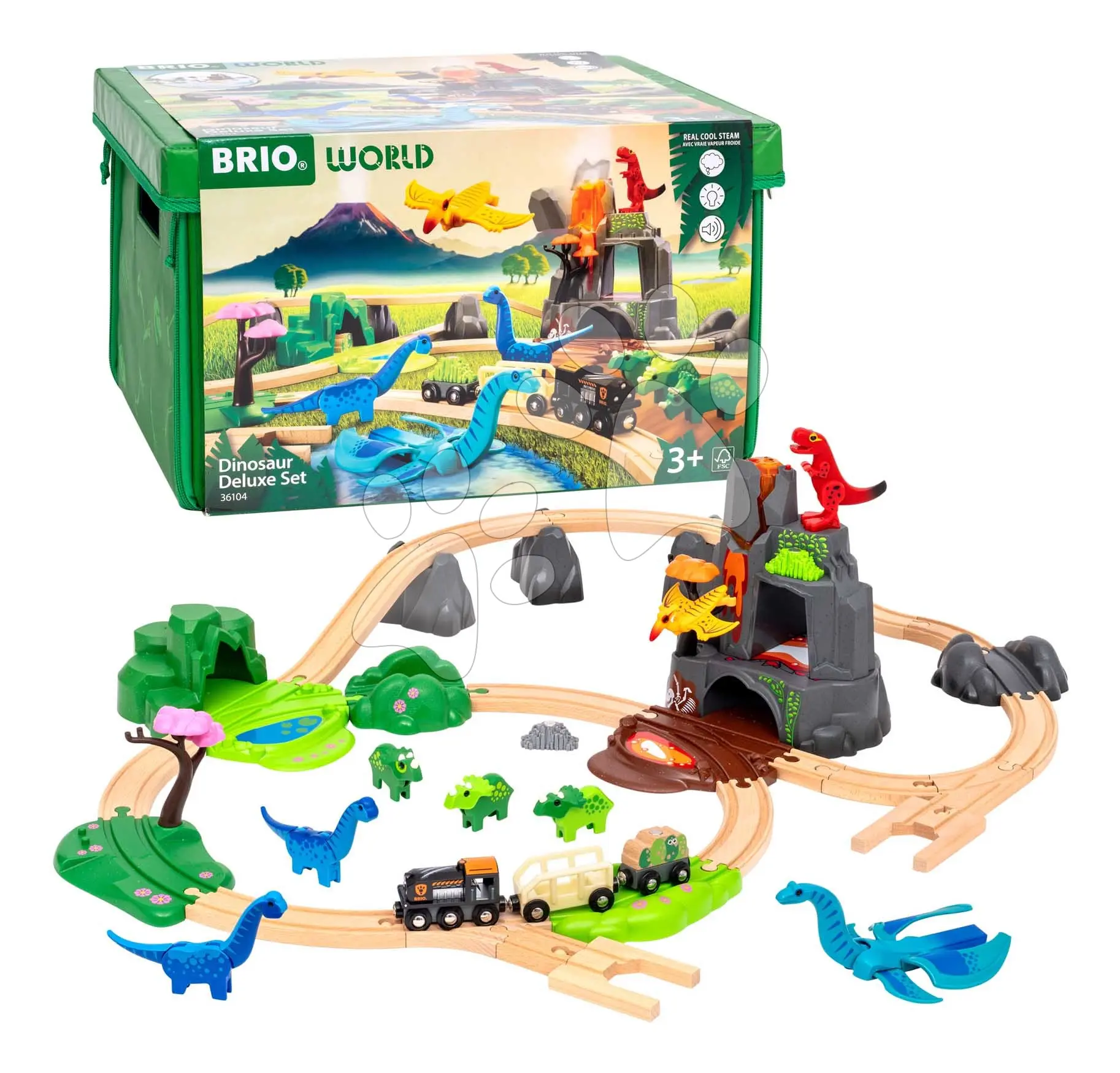 Dřevěná vláčkodráha s dinosaury Dinosaur Deluxe Set BRIO sopka se zvukem a světlem a vláček s 8 figurkami 45 dílů