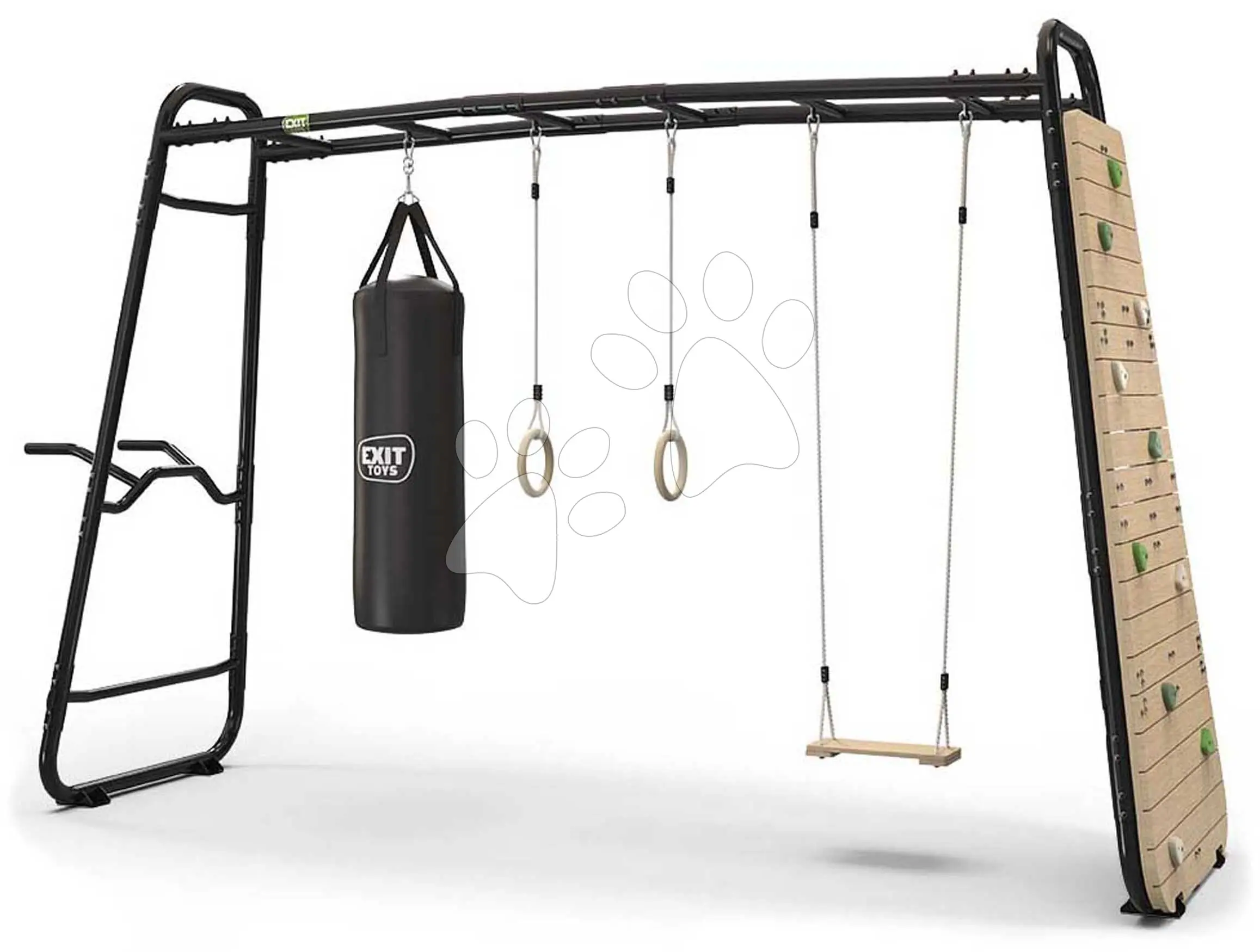 Multifunkční fitness centrum GetSet Monkeybar MB320 Black Exit Toys rozšiřitelné s gymnastickými kruhy boxovacím pytlem lezeckou stěnou houpačkou a bradly