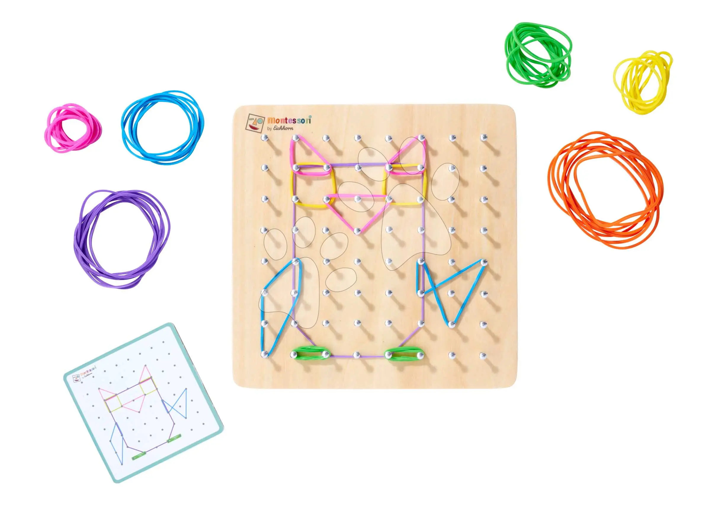 Dřevěná geometrická deska s hřebíčky Montessori Geo Board Eichhorn s 30 barevnými gumičkami a 24 karet s úkoly od 4 let