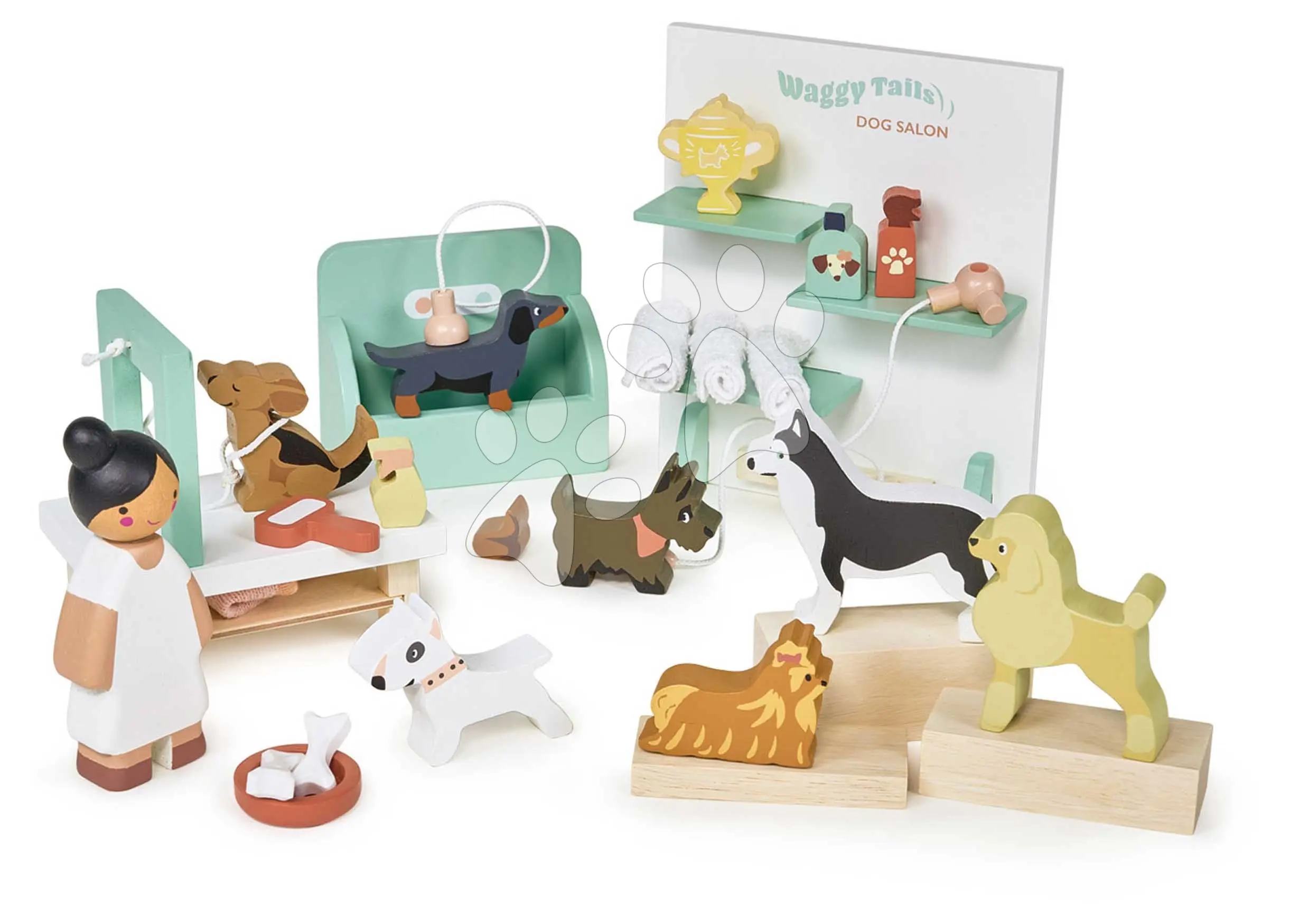 Dřevěný salon pro pejsky Waggy Tails Dog Salon Tender Leaf Toys se 7 figurkami pejsků