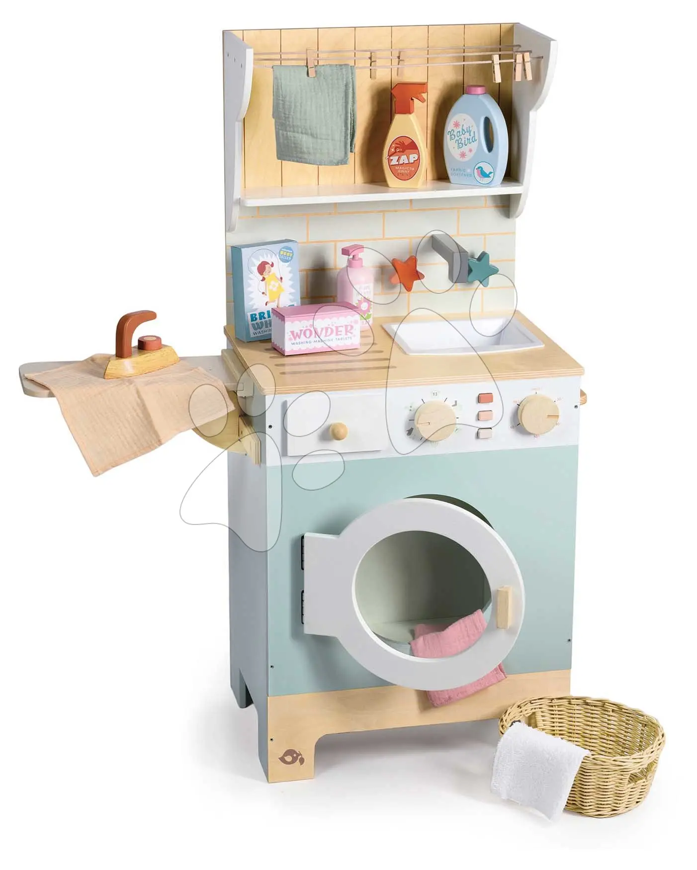 Dřevěná prádelna s pračkou s předním plněním Laundrette Tender Leaf Toys s dřezem žehličkou a koš na prádlo výška 92 cm