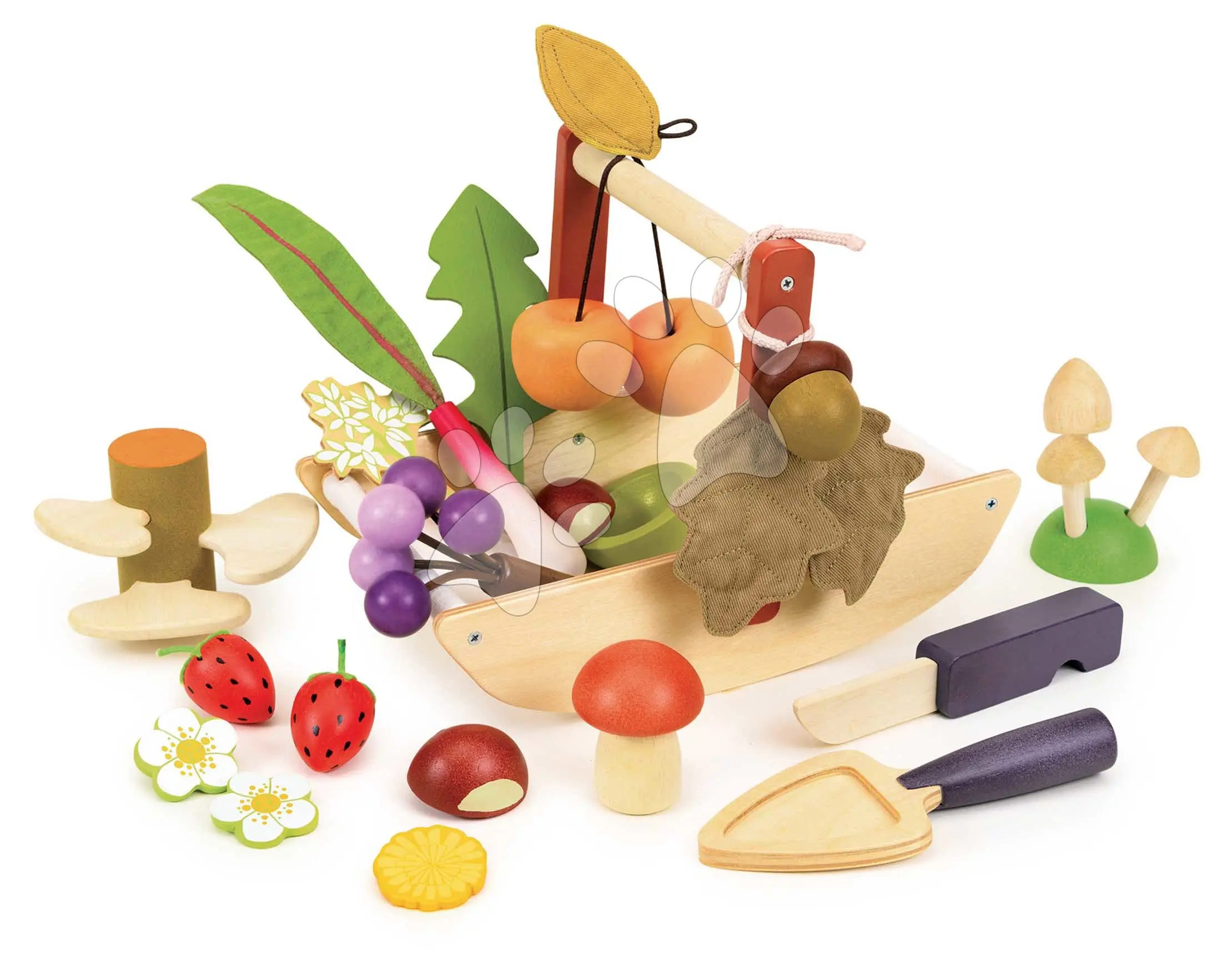 Dřevěný košík na sbírání lesních plodů Wild Wood Forgaing Trug Tender Leaf Toys s houbami jablíčky jahodami