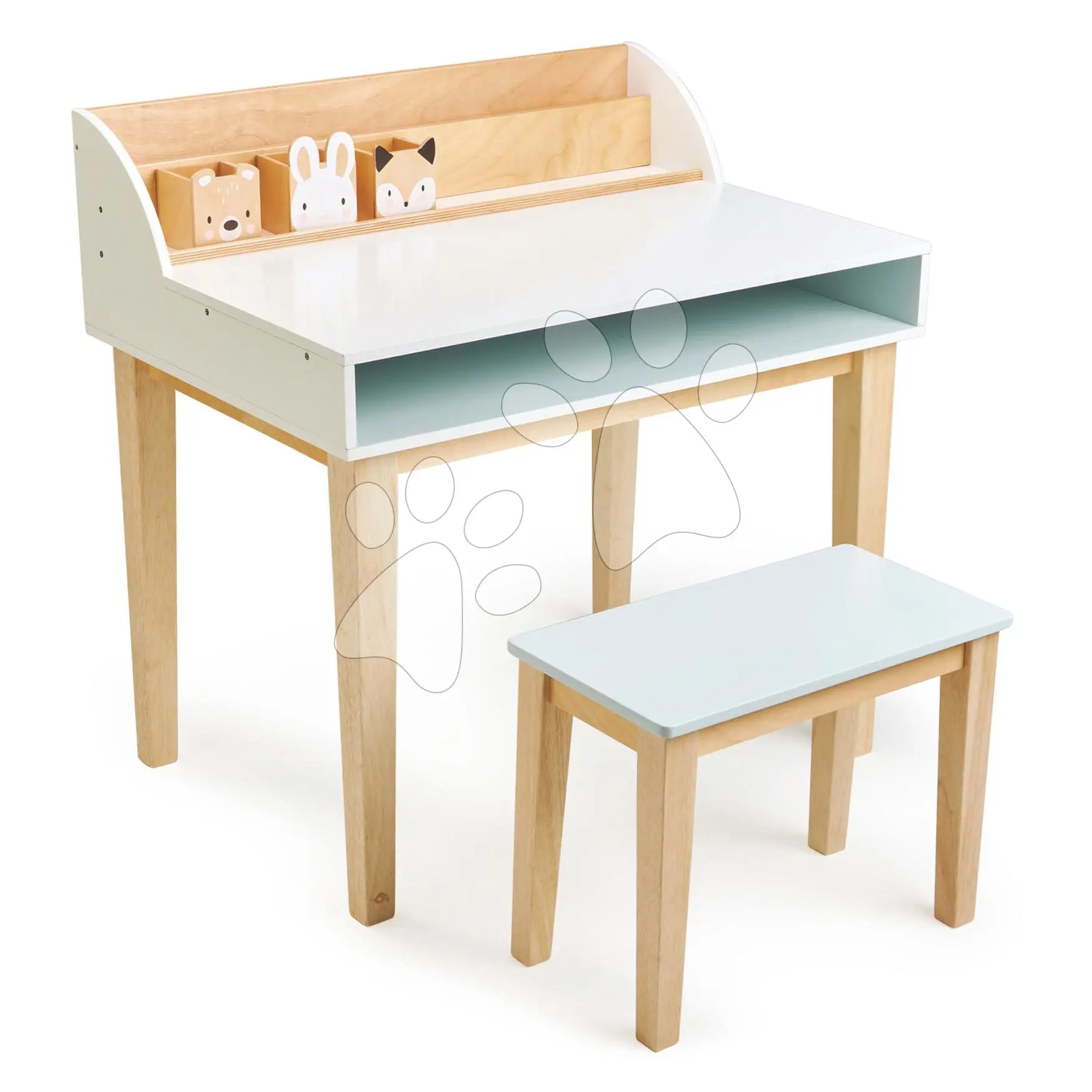Dřevěný stůl se stoličkou Desk and Chair Tender Leaf Toys s úložným prostorem a 3 odkládací nádobky se zvířátky