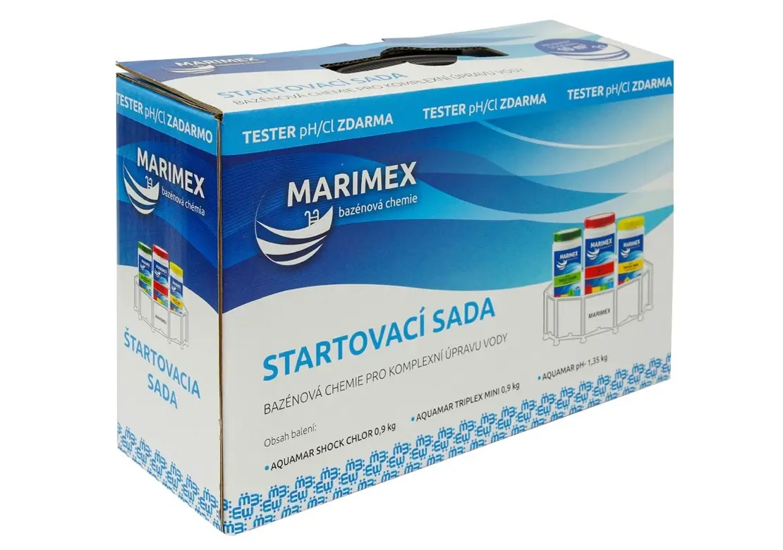 Marimex AquaMar chemický set Start – 11307010; AquaMar Shock Chlor 0,9kg, AquaMar Triplex MINI 0,9kg, AquaMar pH minus 1,35kg, Tabletový tester na pH a Chlor