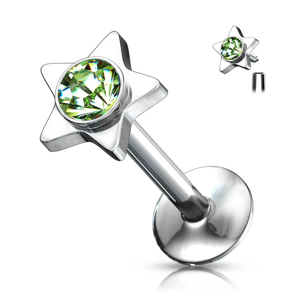 Piercing do brady - labreta hvězda (zelená) - LB01026-E