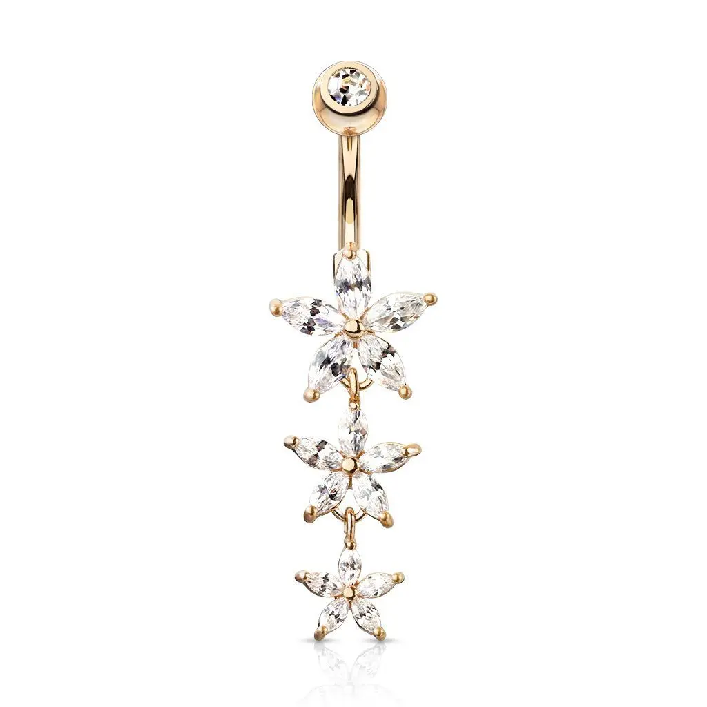 Visací piercing do pupíku s kytičkami rosegold
