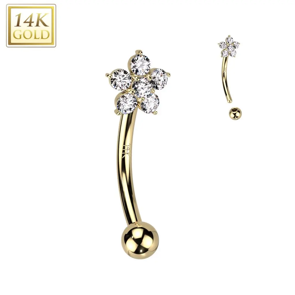 Zlatý piercing do obočí, čirý zirkon, Au 585/1000 - ZL01261-YG