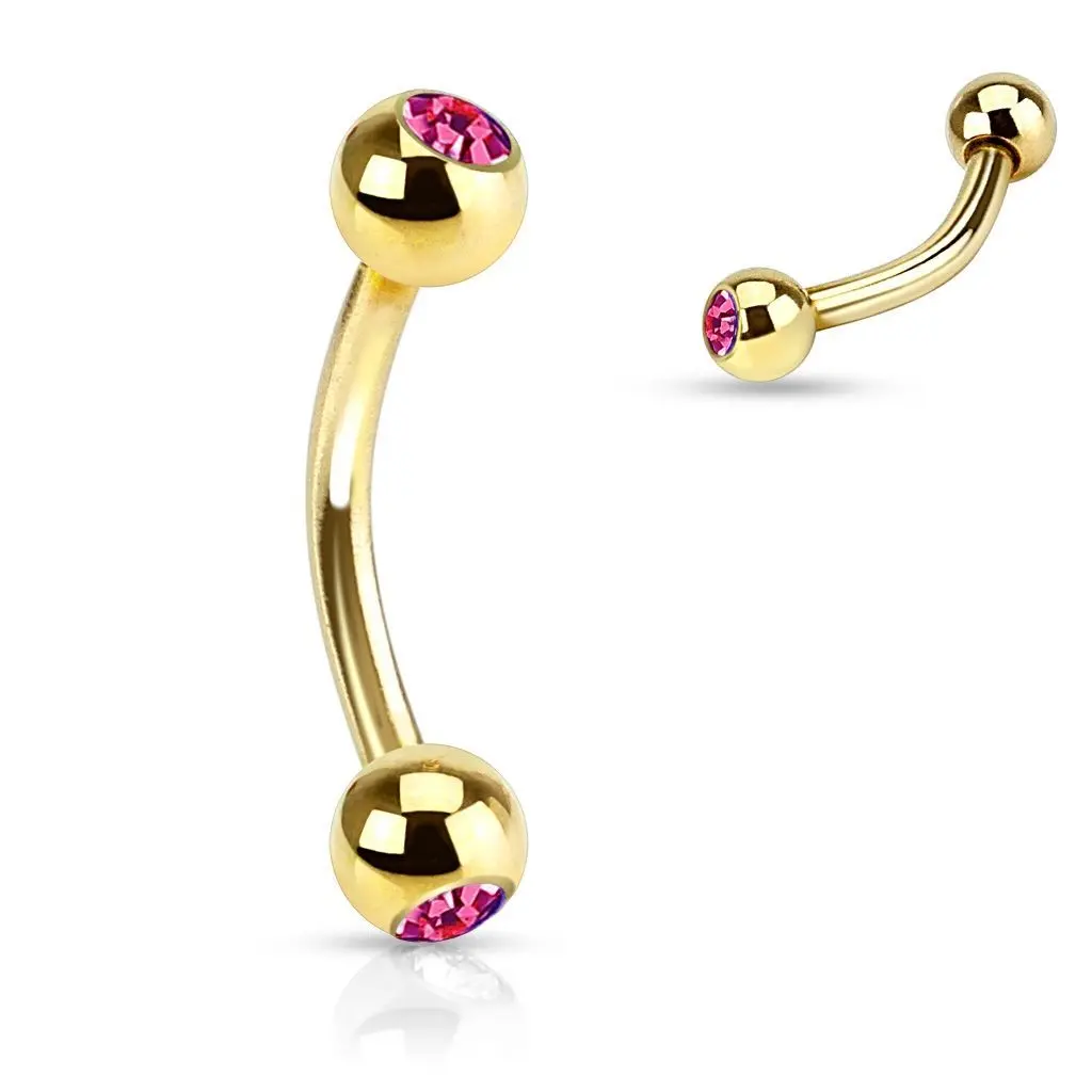 Pozlacený piercing do obočí s kamínky (tmavě růžová) - OB01088-F