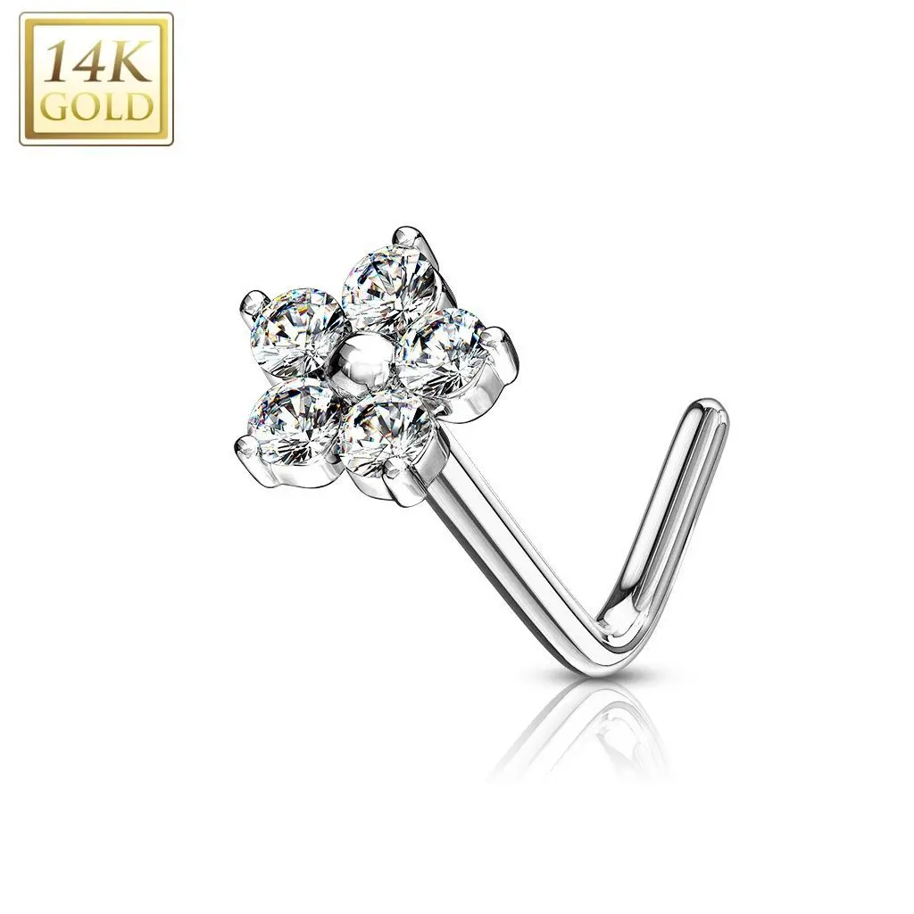 Zlatý piercing do nosu kytička - čiré zirkony, Au 585/1000 - ZL01200C-WG